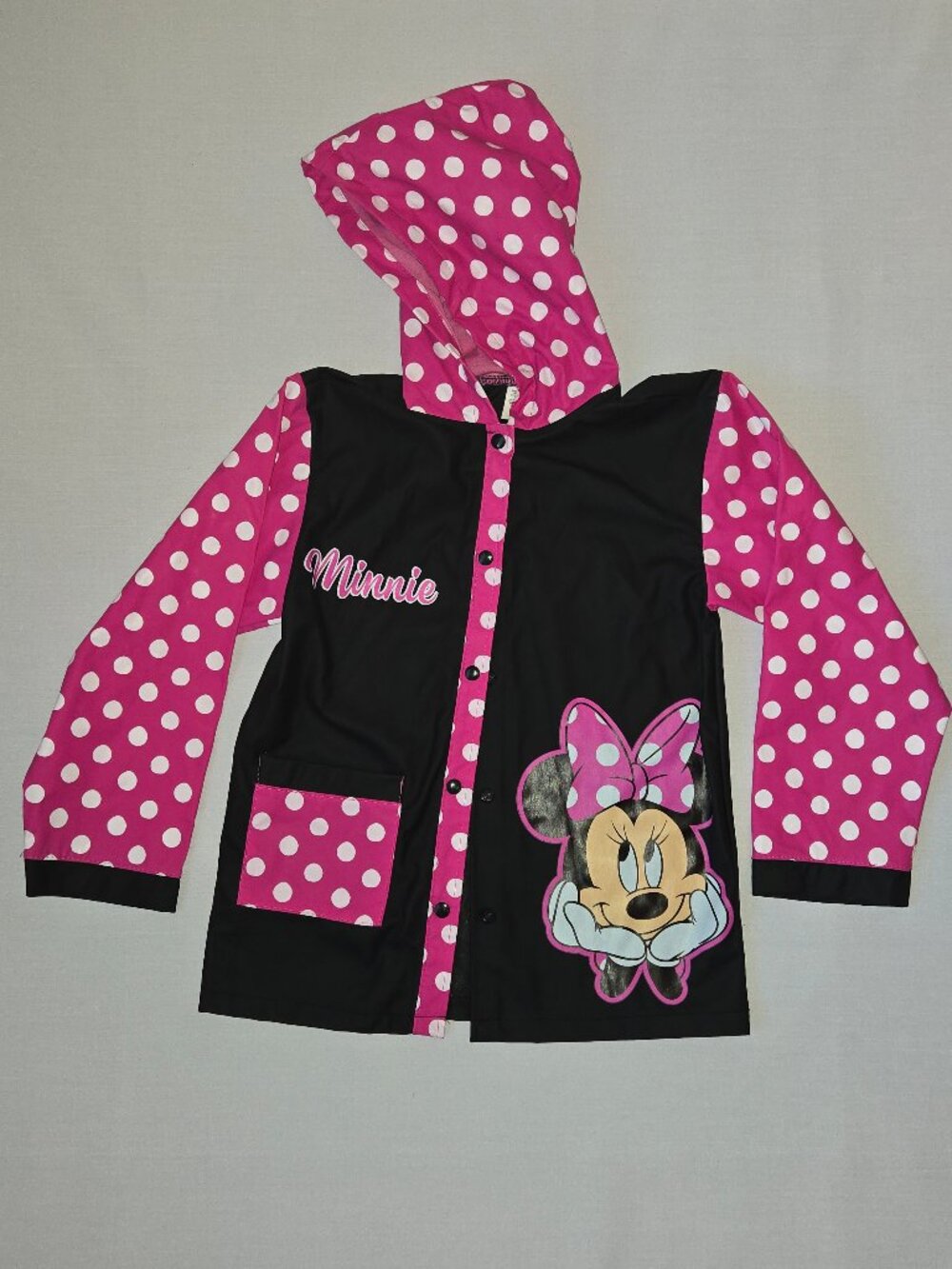 NWOT Minnie Mouse Girls Pink Black Rain Jacket Size 5 Disney Hooded Coat